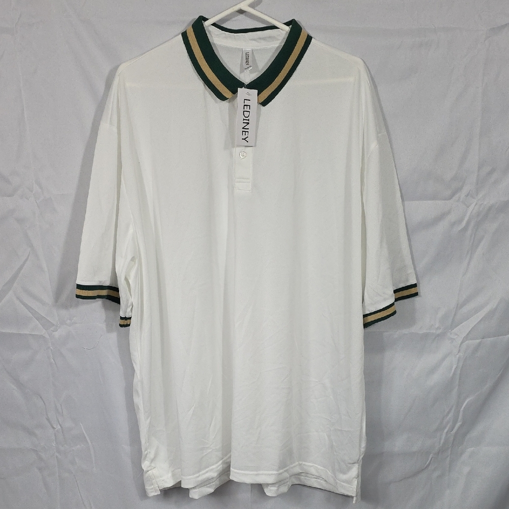 Lediney White Polo, Golf Shirt w/ Green & Tan Accents (M181)
